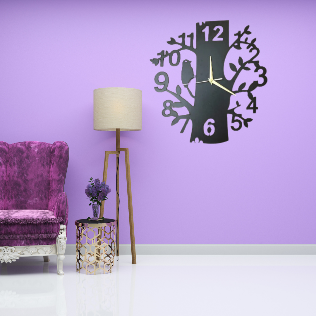 Wall Clock Black Tree Birds Shaped Laser Cut Designer Wooden Wall Clock. by Doob Cart