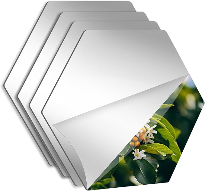 LXCREAT Hexagon Self Adhesive Stick on Mirror for Wall, Small Unbreakable Acrylic Mirrors Tiles 11.8x11.8 Inch 4PCS, Flexible Full Length Peel and Stick Mirror for Bathroom Gym Home Door Decor