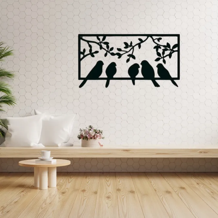 eco friendly wooden 5 black birds perch gracefully on a branch of the frame,wooden wall art decor , Hanging for Home Decoration / Size ( 1200*600 mm) by Doob Cart