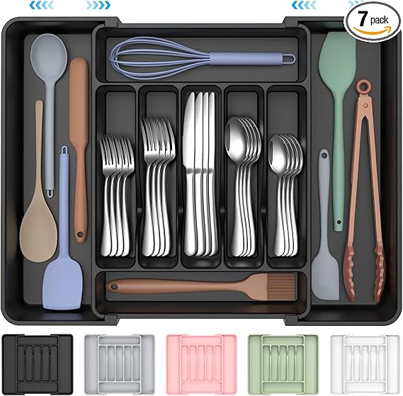 ukeetap Extra Large Expandable Silverware Organizer, BPA-Free Food-Safe Cutlery Flatware Organizer, Kitchen Utensil Drawer Organizer, Adjustable Silverware Holder for Spoons Forks Knives, Black