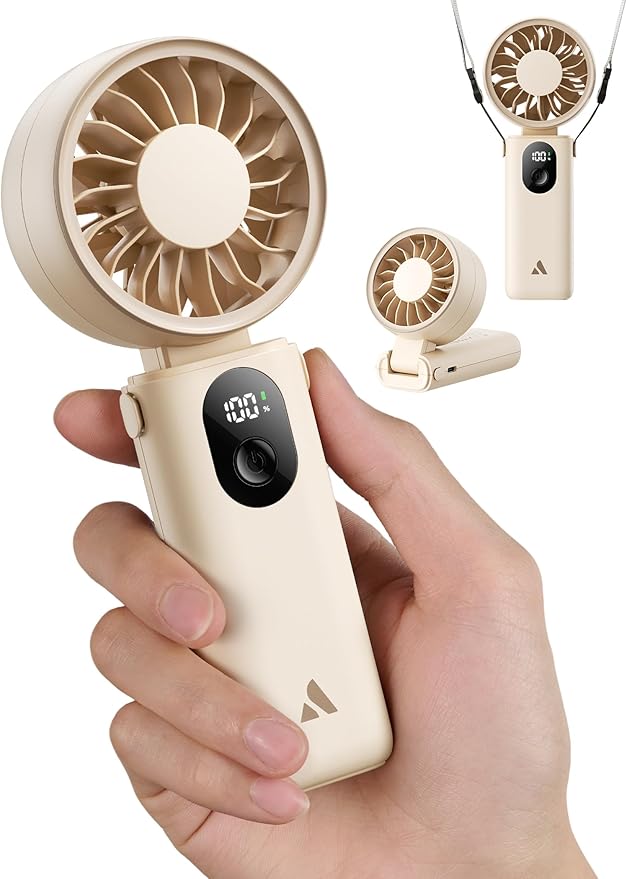 Aecooly Mighty Portable Handheld Fan | 20H Max Cooling Time | 3 Flexible Modes | 5 Speeds Wind | Battery Level Display | USB Rechargeable Mini Personal Battery Powered, Gifts for Women, Travel -Beige